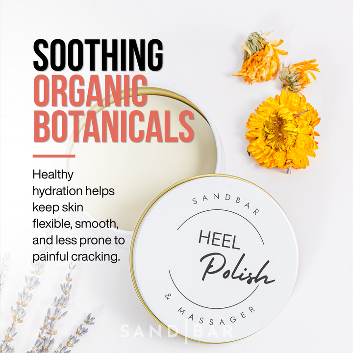SandBar Heel Polish with calendula and lavender flowers highlighting soothing organic botanical ingredients.