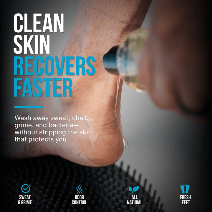 Athlete using Sole Soap to wash away sweat, grime, and buildup after training without drying healthy skin.
