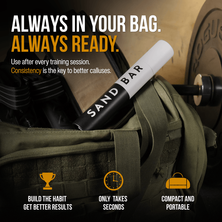 Green gym bag with sandbar callus remover file in the protective case and Rogue gym equipment, featuring motivational text and graphics.