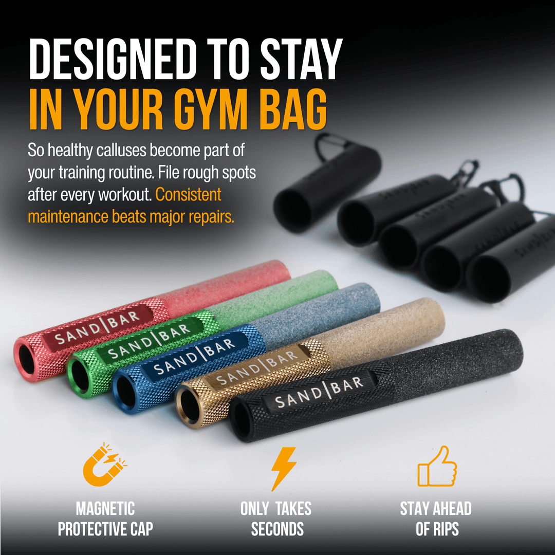 Portable SandBar Quickie hand callus removers shown in collection of colors with magnetic protective cap designed for daily callus maintenance at the gym, climbing gym, or gymnastics practice with text about maintaining calluses and staying ahead of rips.