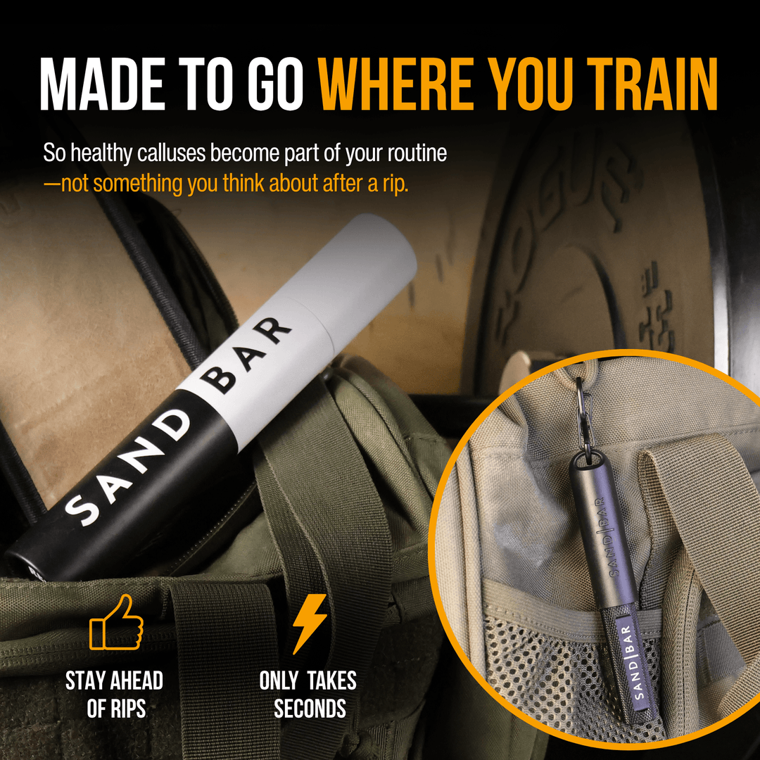 SandBar Original and Quickie callus maintenance tools stored in a gym bag for fast daily callus care before and after training.