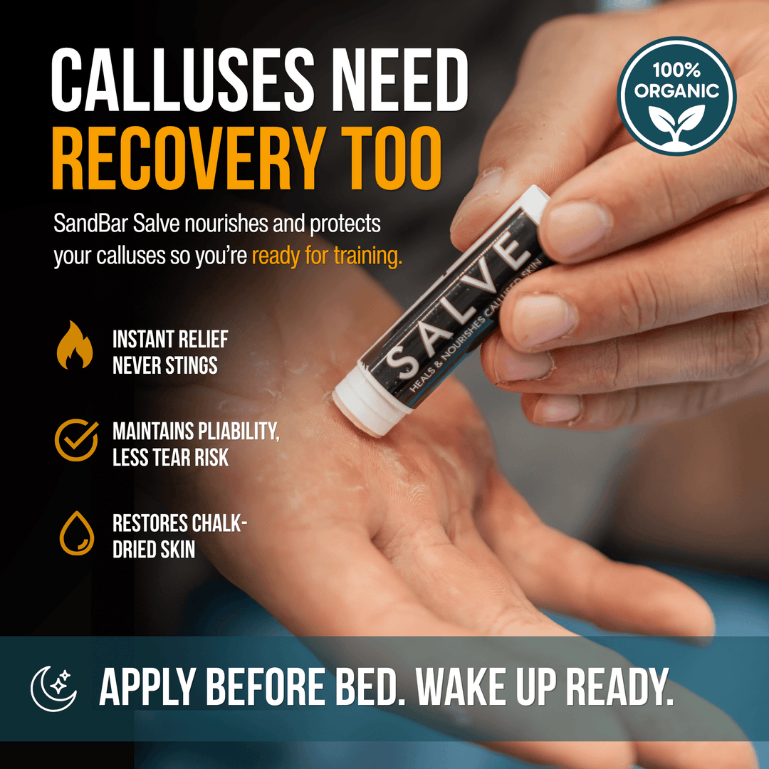 Athlete applying SandBar Recovery Salve to nourish callused skin, restore flexibility, and support recovery after training.