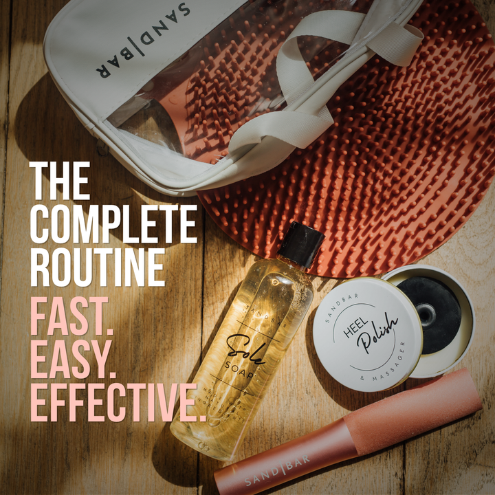 Complete SandBar Heel Revival Regimen foot care kit featuring Sole Soap foot scrubber mat Heel Polish and foot file for smooth healthy feet.