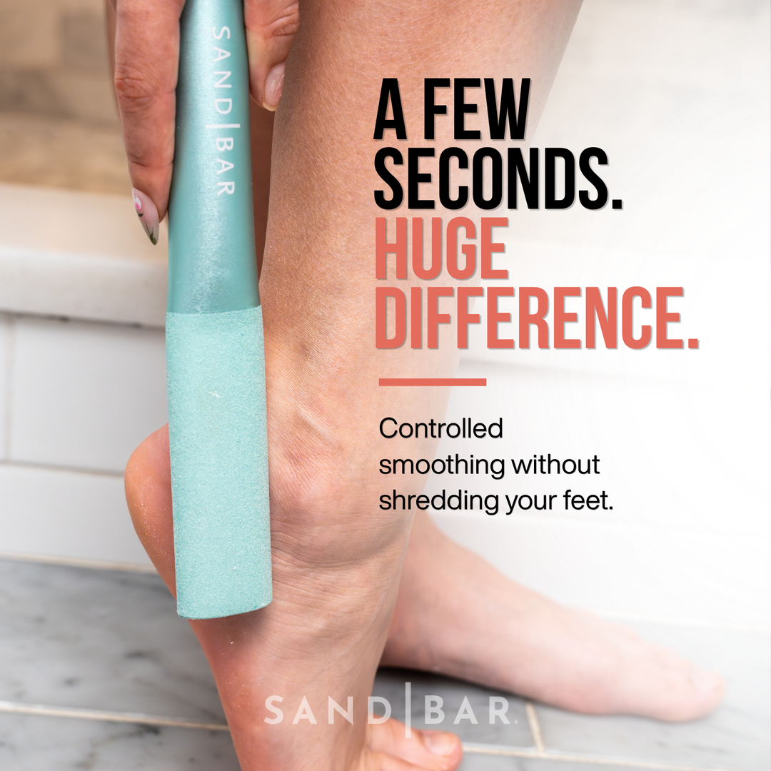 Woman using turquoise SandBar foot file smooth heel in shower with text about filing and hydration keeping feet soft and smooth.