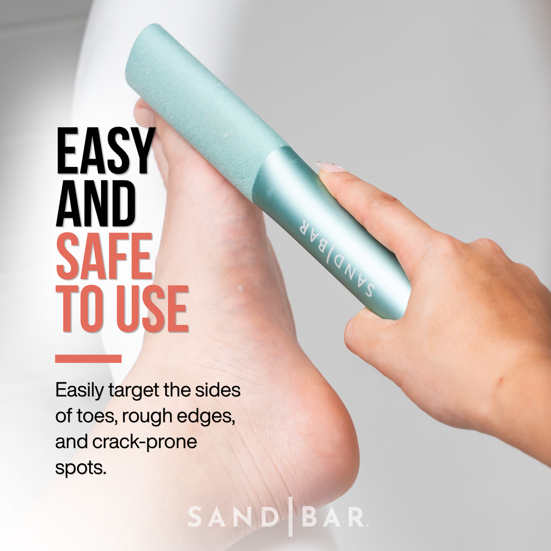 Hand holding a light turquoise SandBar foot file with text on an off-white background. Using the SandBar foot file to safely smooth the sides of big toe to smooth rough edges.