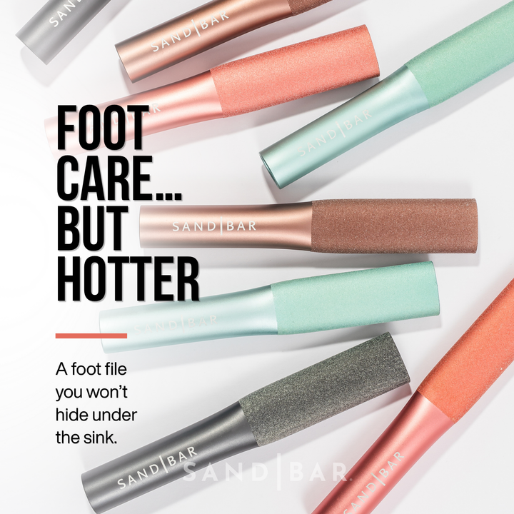Colorful SandBar foot files arranged in flat lay showcasing stylish modern foot care tools.
