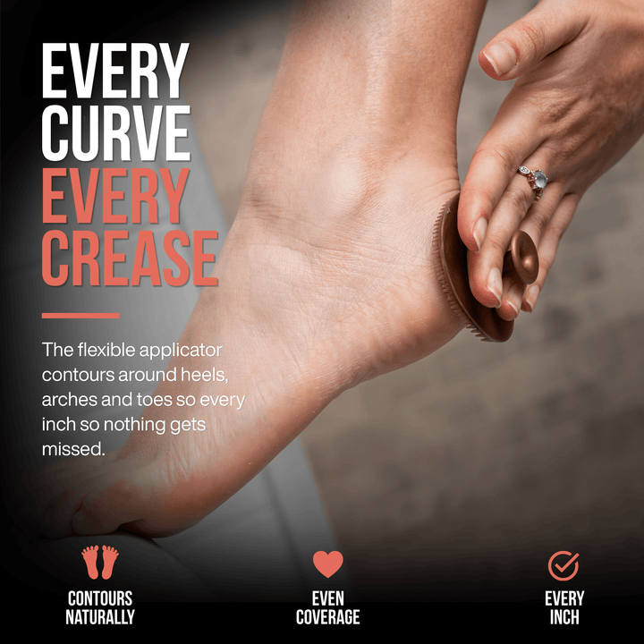 Applying SandBar Heel Polish across heels and arches with the flexible silicone applicator for complete coverage.