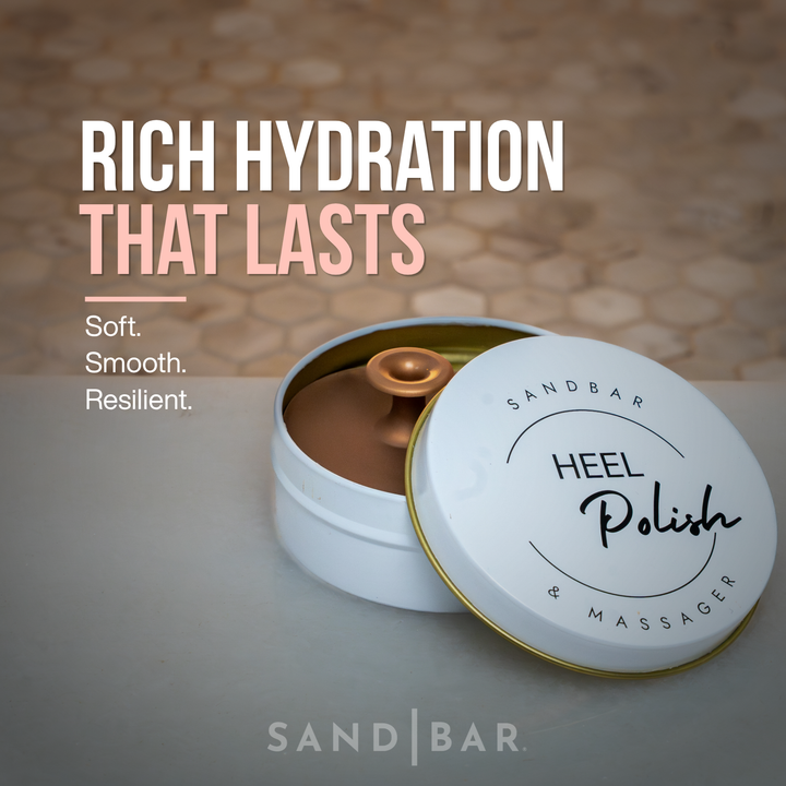 SandBar Heel Polish moisturizing foot balm designed to deeply hydrate dry cracked heels and soften skin.