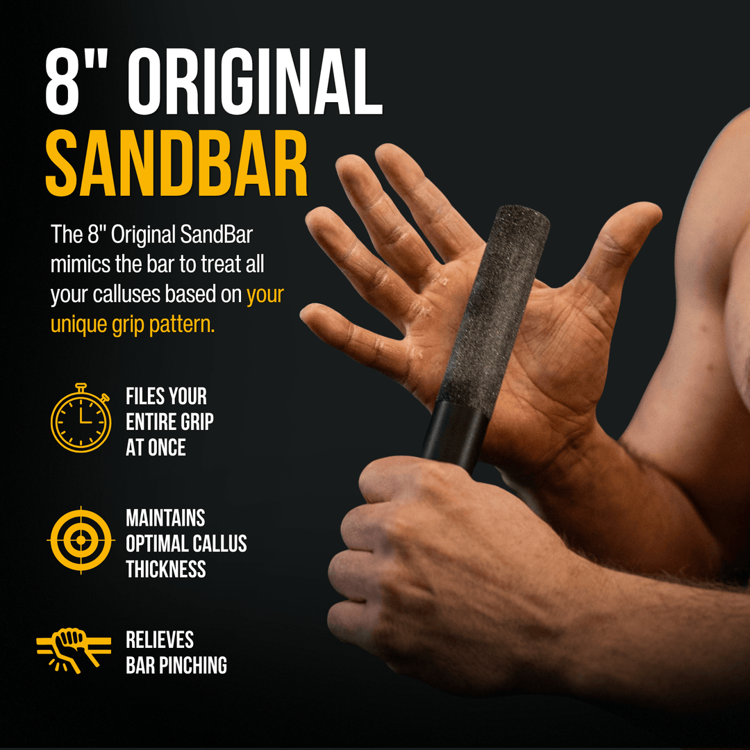 8" Original SandBar product with a hand holding it against a dark background showing how the SandBar files your entire grip at once the same way your grip.