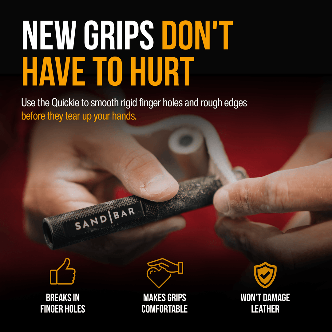 Show the 4" Quickie SandBar filing down finger holes on new stiff gymnastic grips to they don't hurt. 