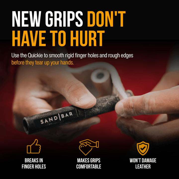 Show the 4" Quickie SandBar filing down finger holes on new stiff gymnastic grips to they don't hurt. 