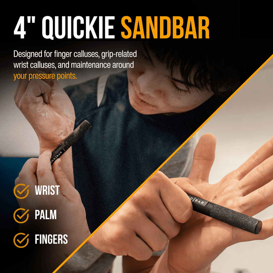 4" Quickie Sandbar being used on hands with text about its uses and a second image using the sandbar callus file on their wrists from calluses do to wearing gymnastic grips.
