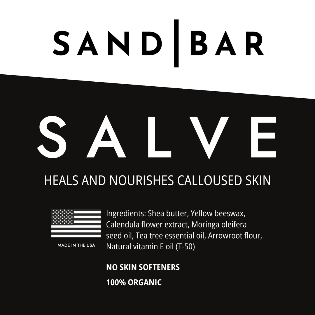 Sand Bar Salve label with product description and ingredients on a white background. 