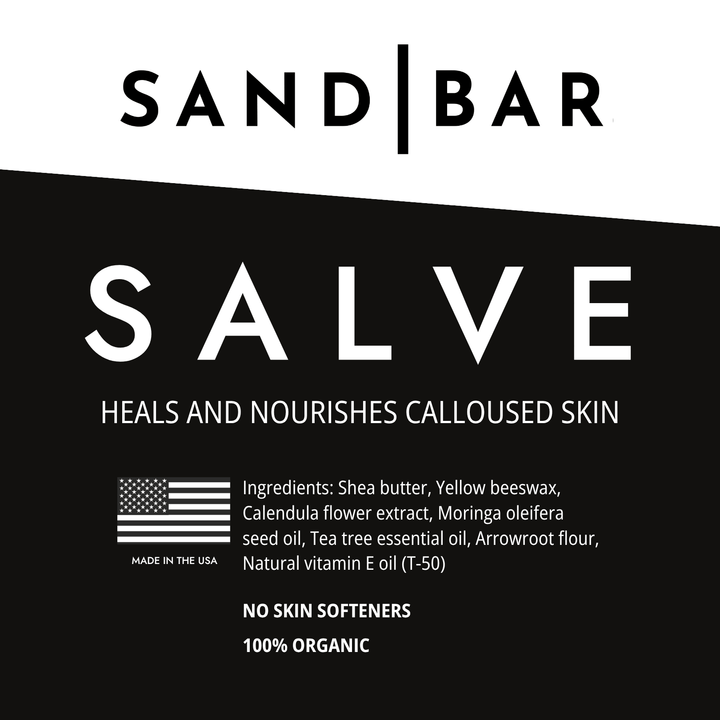 Sand Bar Salve label with product description and ingredients on a white background. 
