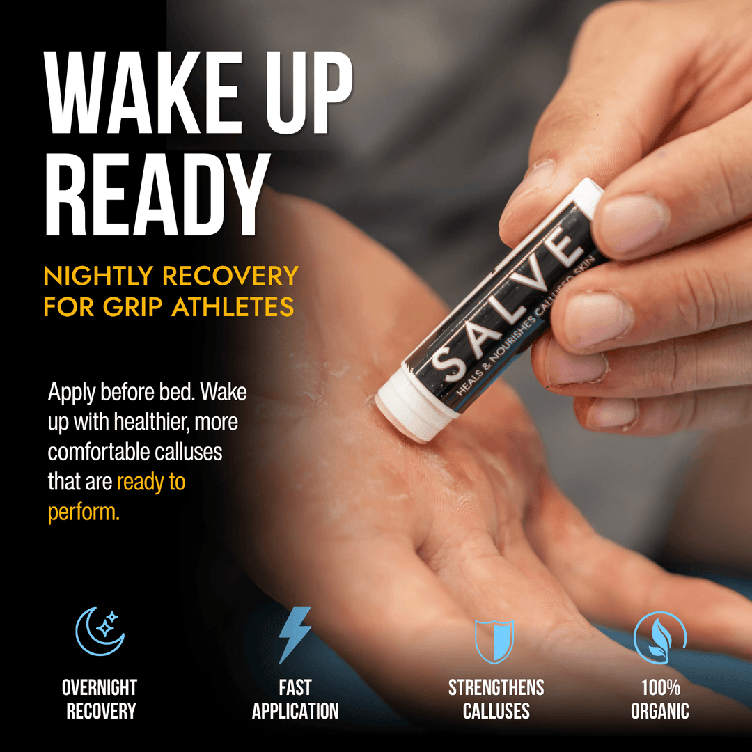 SandBar Salve being applied to dry hand calluses to restore flexibility, reduce tearing risk, and support nightly callus recovery.