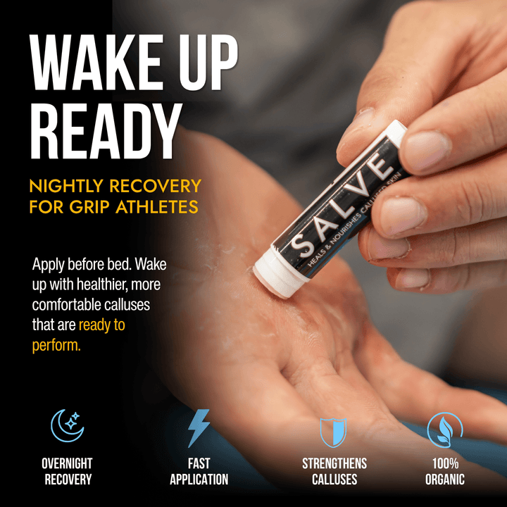 SandBar Salve being applied to dry hand calluses to restore flexibility, reduce tearing risk, and support nightly callus recovery.