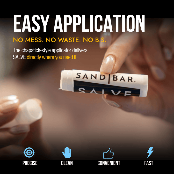 Close-up of SandBar Salve chapstick-style applicator designed for precise, mess-free application to hand calluses and finger creases to prevent rips