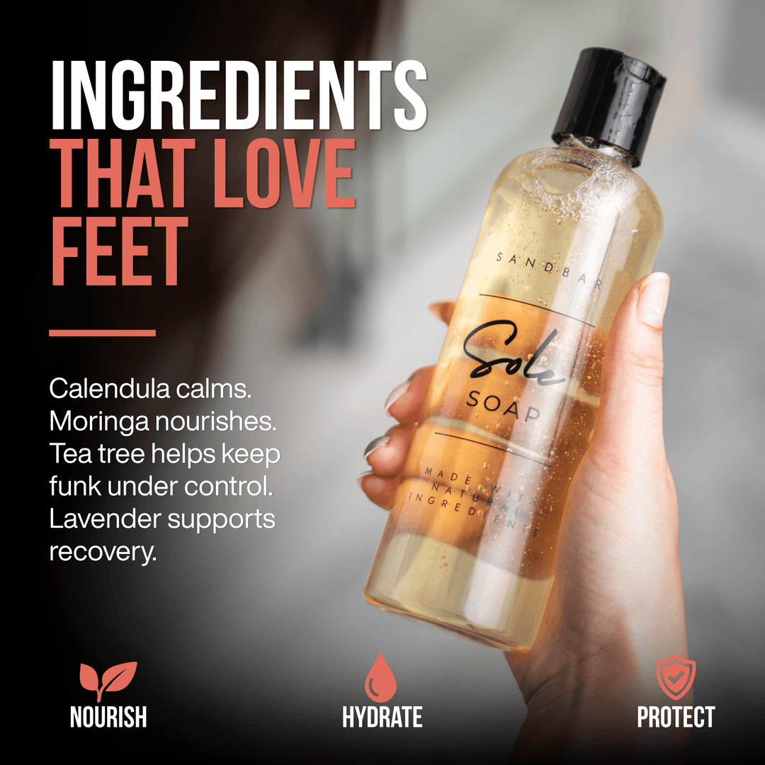 A hand holds a clear bottle of Sandbar Sole Soap against a blurred gray background, with large promotional text reading 'INGREDIENTS THAT LOVE FEET' and ingredient callouts for nourish, hydrate, and protect.