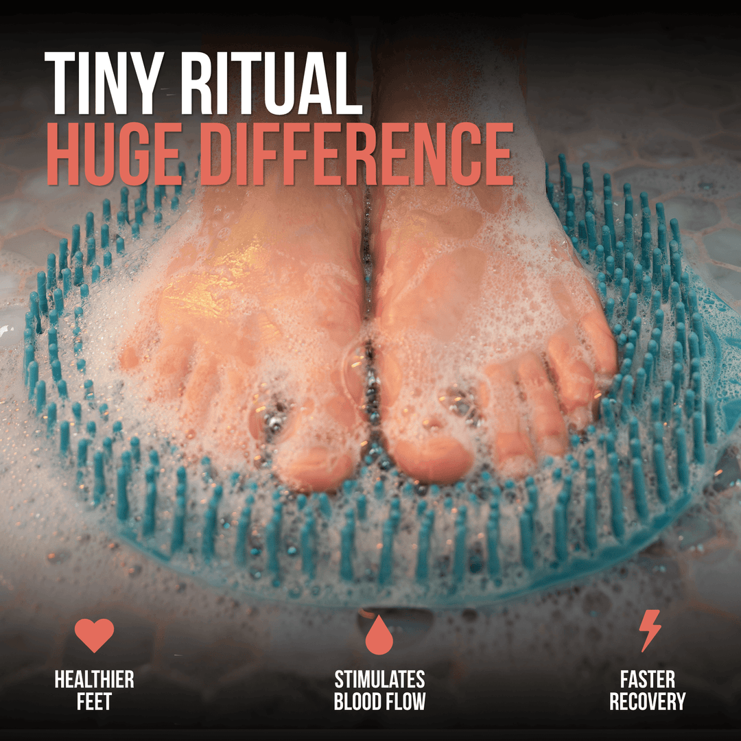 Feet covered in Sole Soap lather while standing on the teal SandBar shower foot scrubber mat for easy daily foot care. Text reads “Tiny Ritual, Huge Difference.”