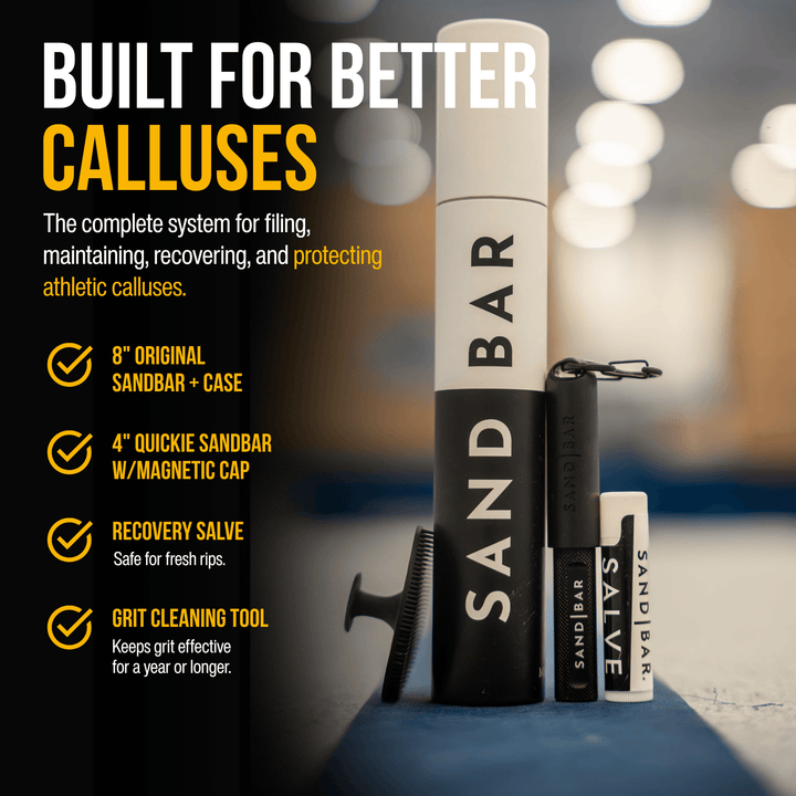 Complete SandBar Ultimate Callus Care System including Original SandBar, Quickie SandBar, Recovery Salve, protective cases, and cleaning brush.