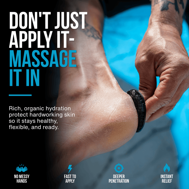 Athlete using the silicone massage applicator to work Heel Polish into rough skin for clean, hands-free application and foot recovery.